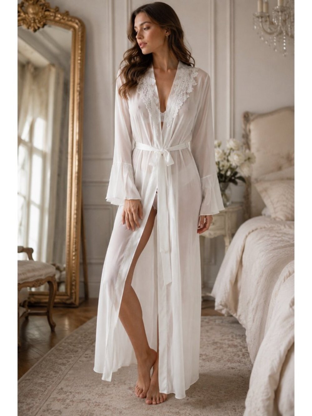 Romantic Bridal California Dynasty White Sheer Lace Trim Robe Gown Medium Weddin